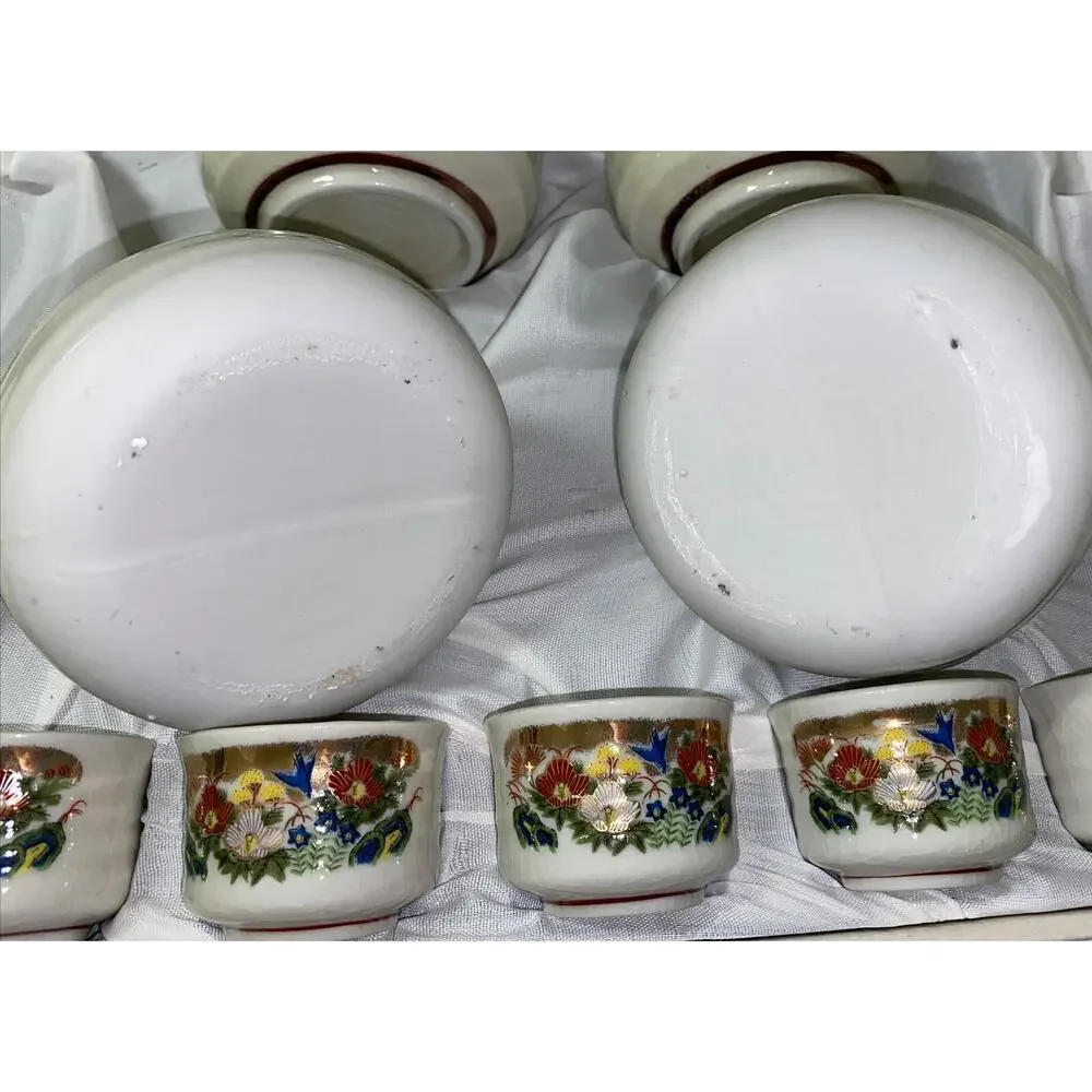 VTG Japan Sake Tea Set Cups 12 Pc‎ Beautiful Flower Design Yokohama Hand Painted